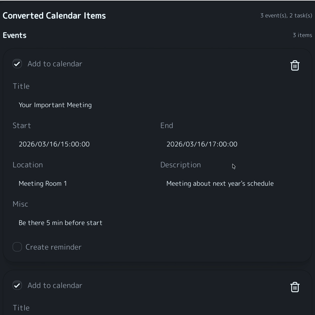 Review extracted items and set reminders before saving.